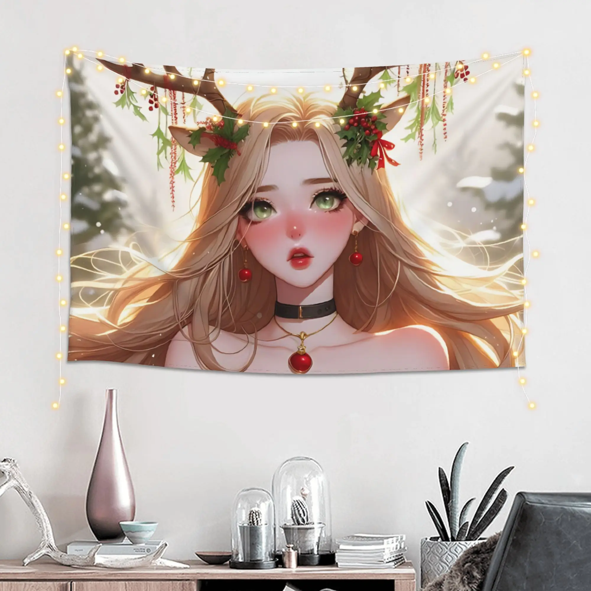 Fur Coat Anime Christmas Girl Print Customized Tapestry Bedroom Decoration  Wall Hanging Blanket Tapestry Cool Stuff For Room