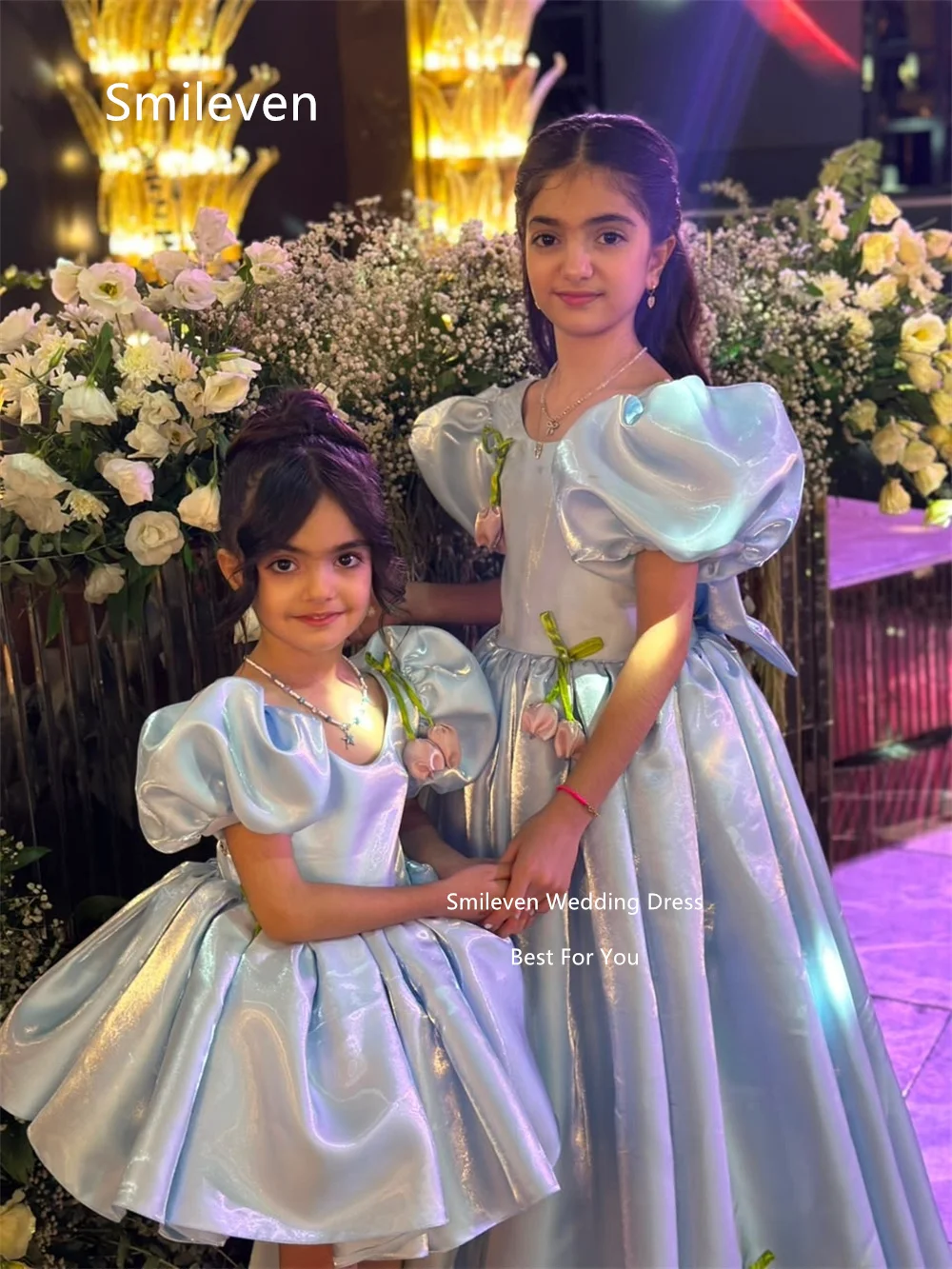 Smileven Blue Ball Gown Girl Flower Dress Square Neck Puff Short Sleeve Birthday Dresses Backless Bow 3D Tulip Gowns Customized