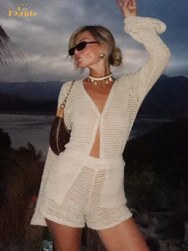 Women Sexy Hollow Out Knitted Short Set Chic Full Sleeve V-neck Split Holiday Cardigan Suit 2026 Lady Vacation Beach Night Party