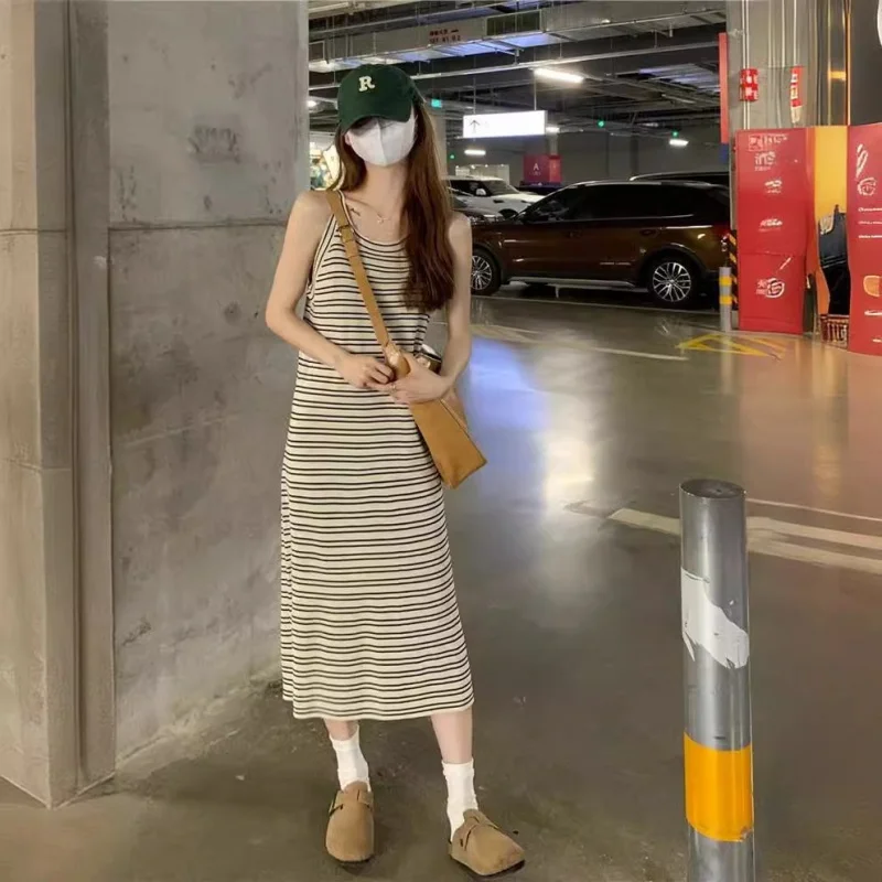 

Korean Simple Striped Knitted Dress Summer New Mid-Length Loose Casual Sleeveless Bottoming Vest Skirt