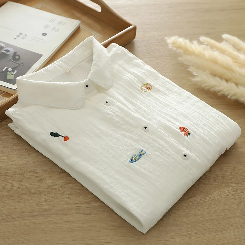 2026 White women\'s blouse cotton yarn art flower embroidery long sleeve shirts for women tops Korean fashion autumn lady clothes