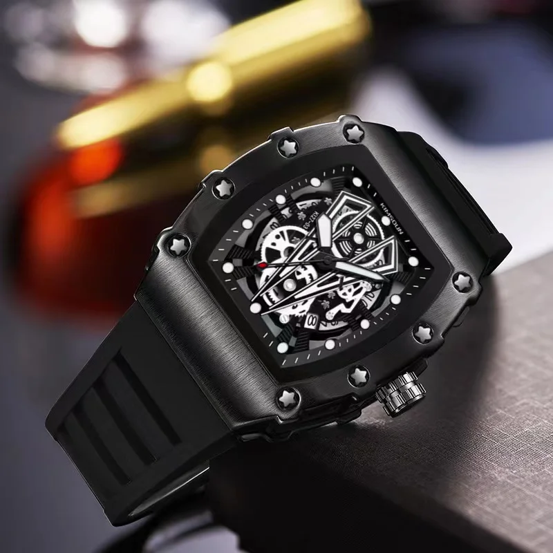 Cool Black Quartz Watches Men Fashion Brand Silicone Strap Waterproof Tonneau Wristwatch Luxury Auto Date Sports AAA Clocks Gift