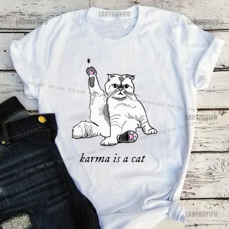 

Karma Is A Cat Purring In My Lap Funny Cat Lover T-Shirts Women Pure Tees Crewneck Short Sleeve Gift Clothing Cotton