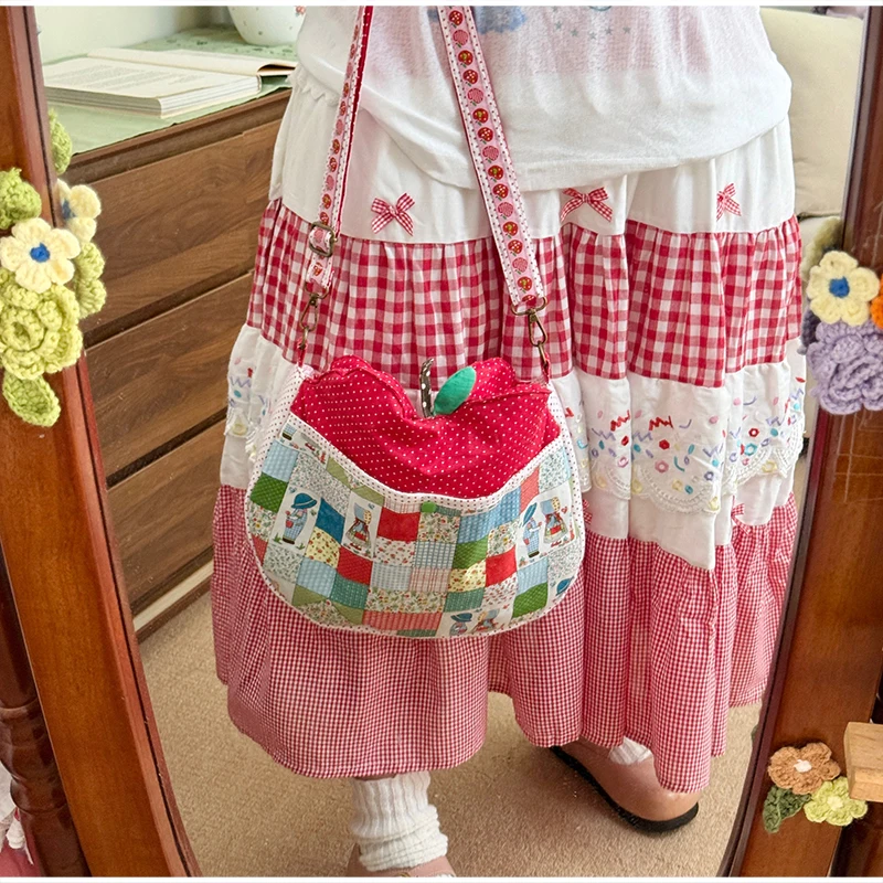 Patchwork-Stoff-Umhängetasche, Apfelförmige Handtasche mit Blumen- und Punktmuster für Damen, Mädchen, Studenten, Cottagecore, süße Handtasche – Detail 23