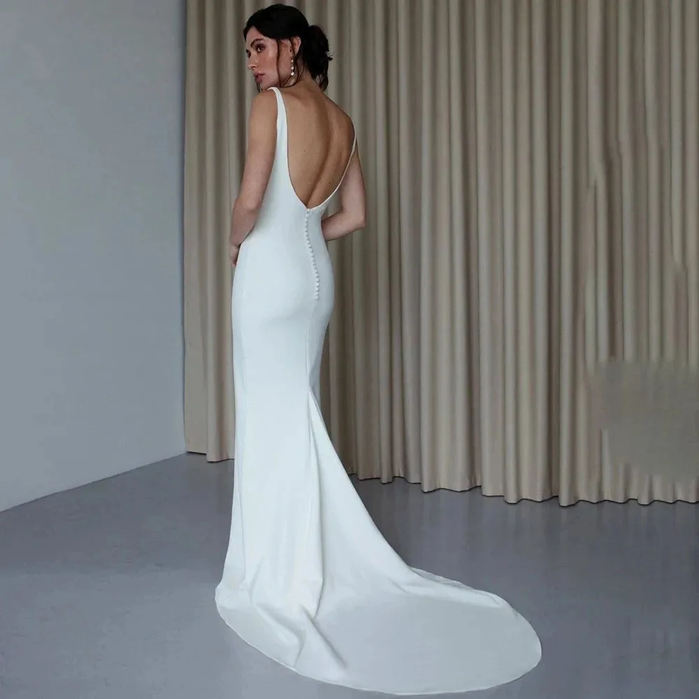 Simple Mermaid Wedding Dress 2024 Scoop Neck Backless Bride Dress Long Bride Gown With Button Women Customize Made