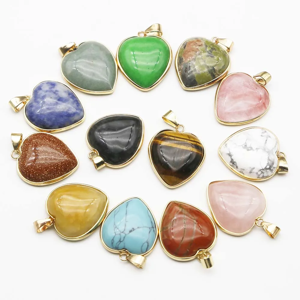 Natural Stone Mixed Color Crystal Agate Heart Phnom Penh Necklace Pendant Quality Charm Jewelry Gift Accessories Wholesale 10Pcs