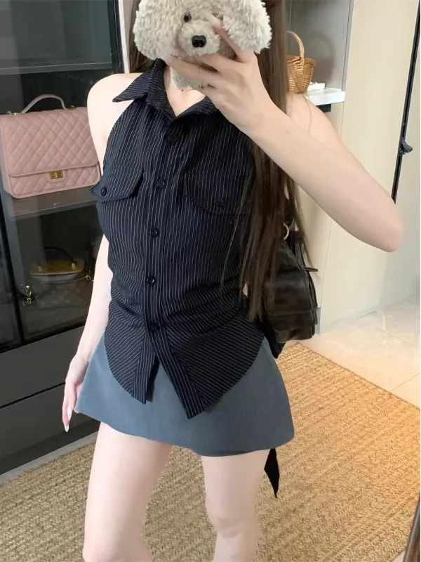 

Ретро-полосатая рубашка с воротником-стойкой, женская, летняя, 2025, новая, с утяжкой на талии, модная, на одной пуговице, верхняя одежда