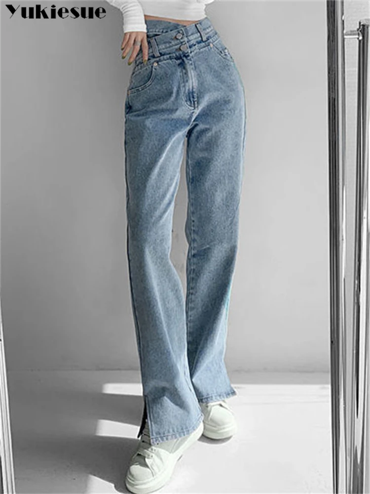 Primavera 2022 das mulheres da moda de cintura alta calças jeans de perna larga das mulheres baggy mulher denim capris calças retas jean mãe calças jeans