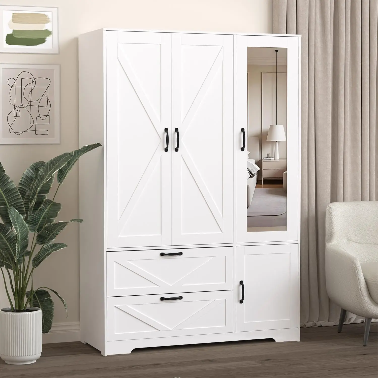 Armoire Wardrobe Closet with Drawers and Mirror, 72