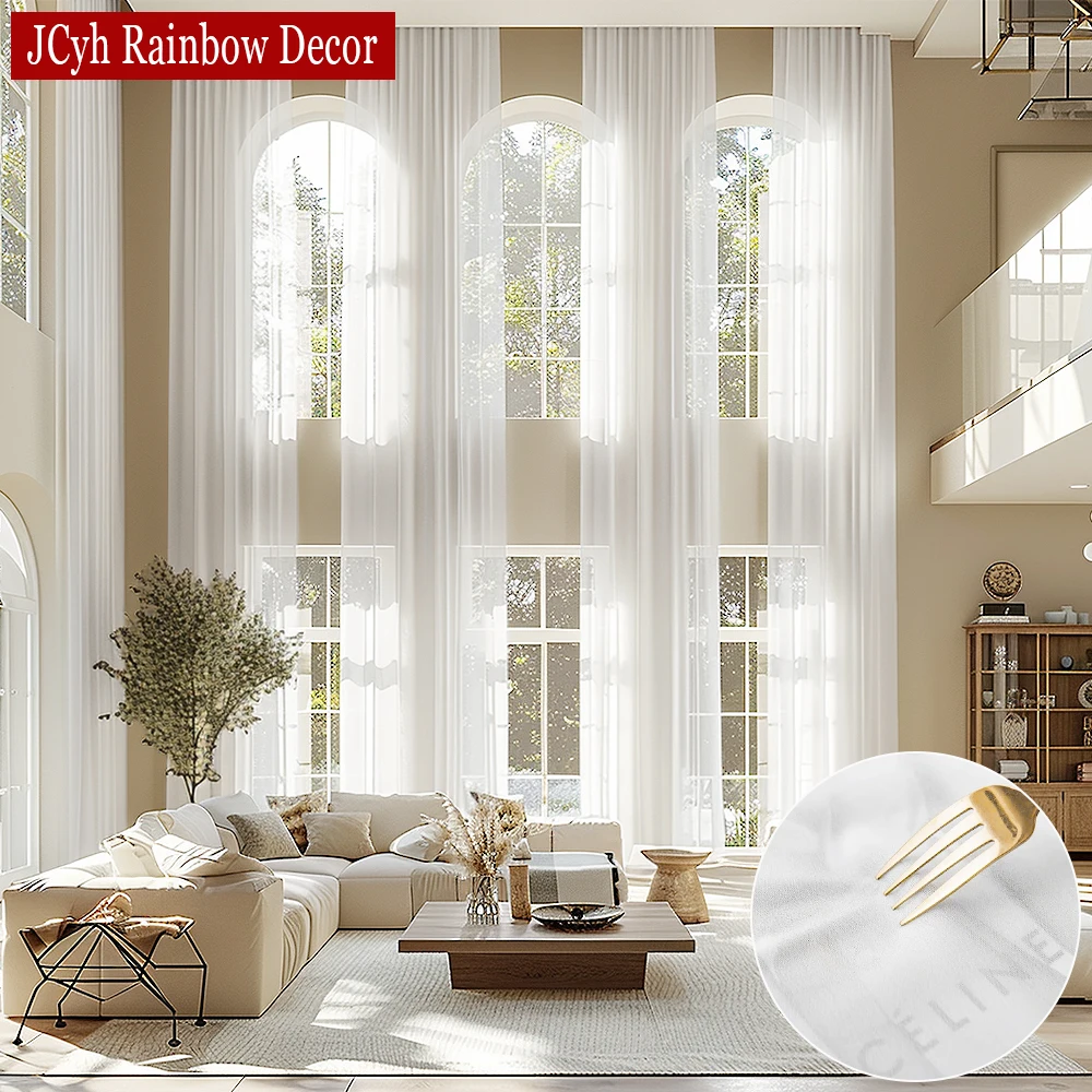 Modern Sheer High Ceiling Curtains for Living Room Elegant Extra Long Tulle Curtain for Loft Rooms Hall Rideaux Voilage Cortinas