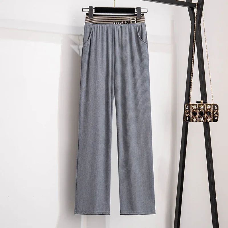 

100/150kg Big Size Women Clothing Wide Leg Pants Women Show Thin Summer High Waist Straight Tube Pants Loose Ice Silk Pants