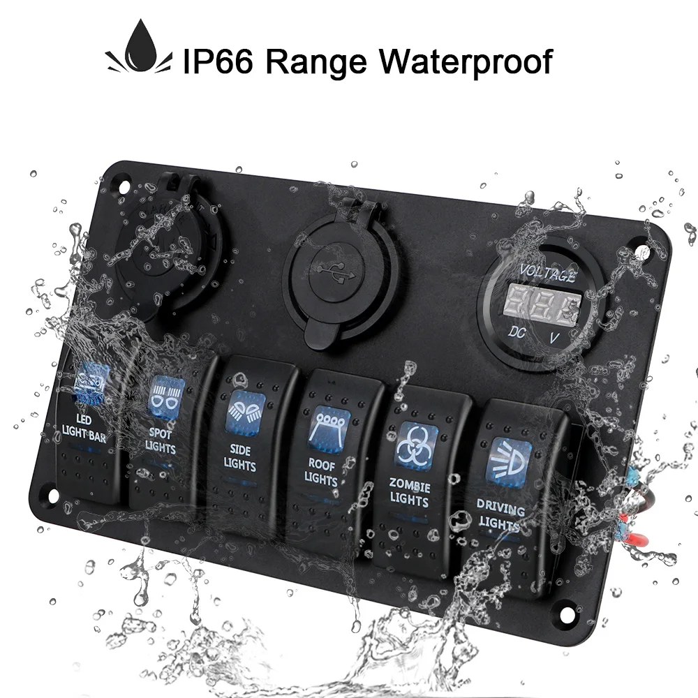 6 Gang Rocker Panel przełączników ON/OFF Światła LED Cyfrowy woltomierz Podwójne porty USB Samochodowy wyłącznik morski DC 12V/24V