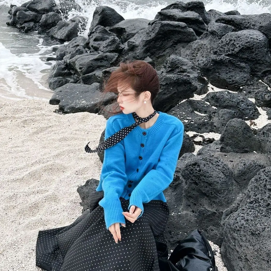 

2025 корейский осенне-зимний кардиган в стиле Ins, нежный синий маленький свитер, свободный вязаный верхний наряд, весенний новый стильный топ