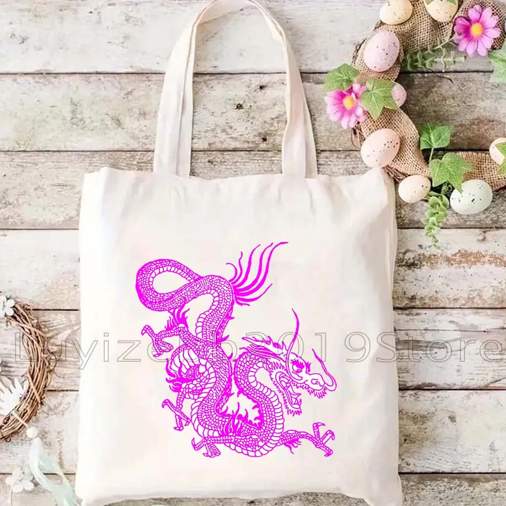 Gold Fuchsia Turquoise Traditional Chinese Dragon Art Cute Gifts Canvas Tote Bag Storage Shopper Shoulder Casual Cotton Handbag