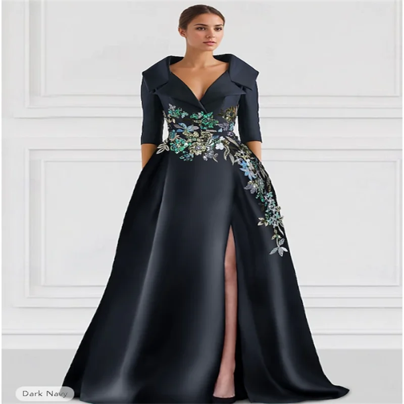 

Floral A-Line Evening Gown Embroidered Elegant Dress Formal Wedding Floor Length Half Sleeve Shirt Collar Satin with Slit