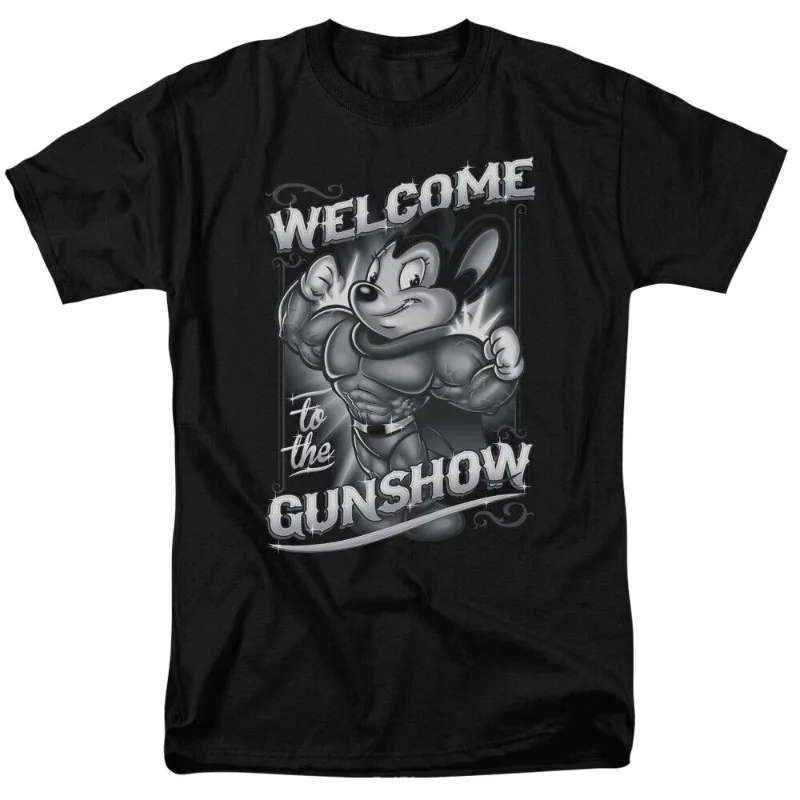 Mighty Mouse Gunshow T Shirt Mens Licensed Cartoon Merchandise Black