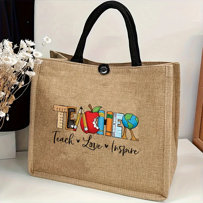 Teacher Linen Tote Bag Teaching Is A Work Of Heart Print School Supplies Pattern Reusable Shopping Handbag