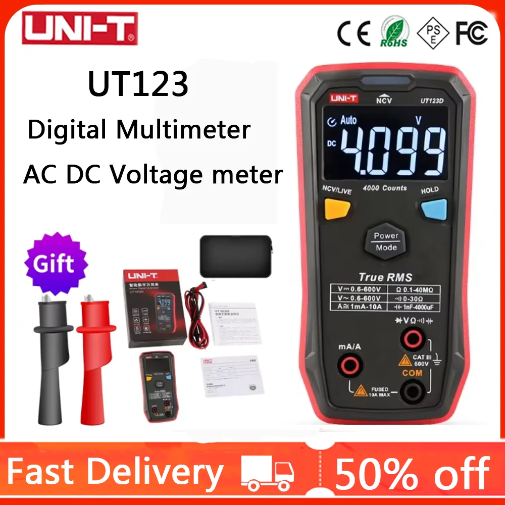 UNI-T UT123 มัลติมิเตอร์แบบดิจิตอลขนาดเล็ก; โวลต์มิเตอร์ Ac-dc; เครื่องทดสอบอุณหภูมิความต้านทาน (โอห์ม); NCV/ การทดสอบความต่อเนื่อง /EBTN Color Scre