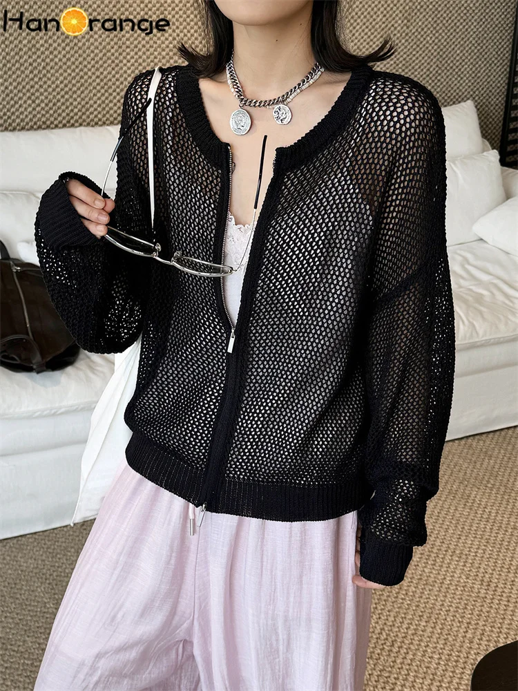 HanOrange 2026 Summer Lazy Atmosphere O-Neck Zipper Hollow Knitted Cardigan Women Loose Cover Jacket Black/Yellow/Khaki