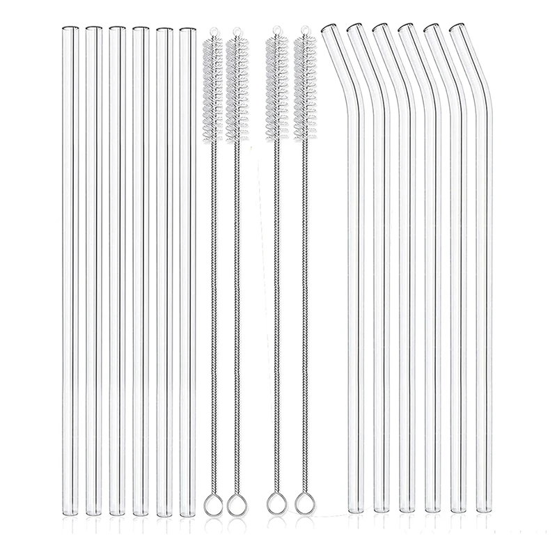 12PCS Reusable Clear Glass Straws Shatter Resistant Glass Drinking Straw 6 Straight And 6 Bent With 4 Cleaning Brushes