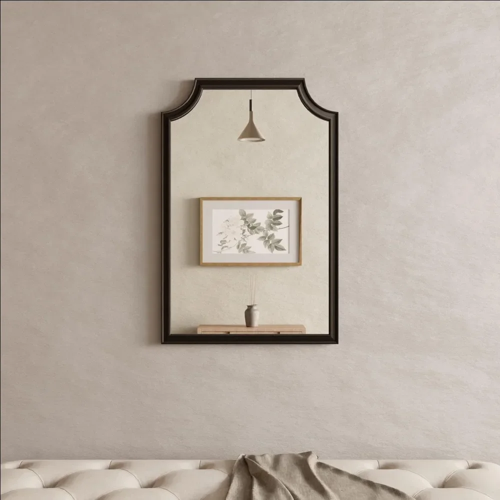 Arched Rectangle Scalloped Corners Wall Mirror with Wood Frame for Home Entryway, Living Room, Bedroom Decor