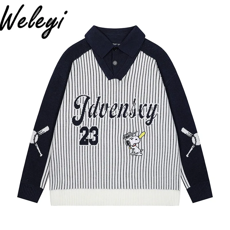 Korean Fashion Cute Lapel Sweaters Women's Versatile New Cartoon Embroidery Vertical Stripe Loose Fake Two Piece Knitted Sueter