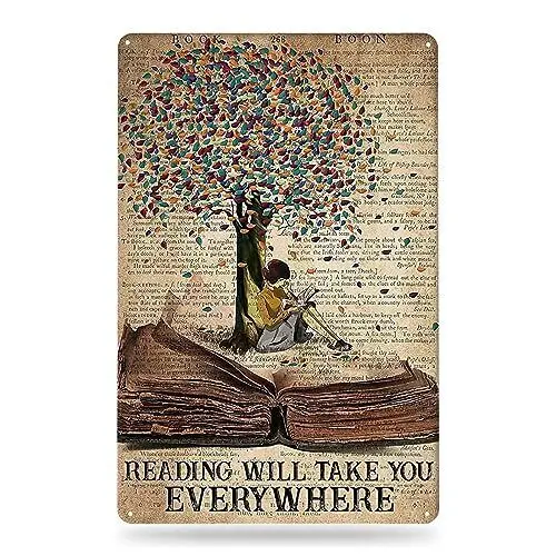 Noete Reading Will Take You Everywhere Metal Sign - Vintage Decor Girl Readin...