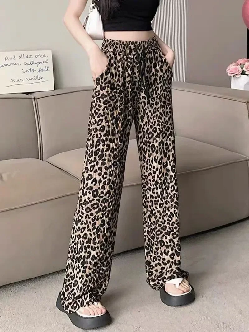 Mulheres casual leopardo impressão tornozelo comprimento calças 2023 cintura alta cordão calça solta jogger moda plus size senhoras calças pop