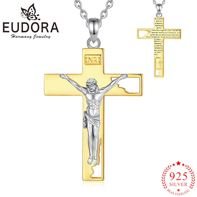 

Eudora 925 Sterling Silver Crucifix Cross Necklace Jesus Cross Amulet Christian Gold Color Pendant Men Personality Jewelry