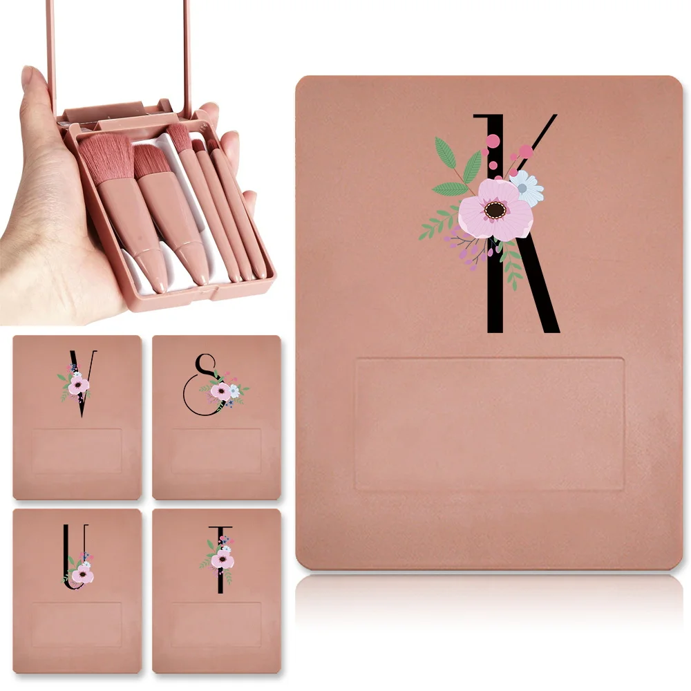 

5 Pcs Portable Cosmetic Brush Set With Bright Mirror Storage Box Makeup Brushes Organizer Case Flower And Black Letter Pattern
