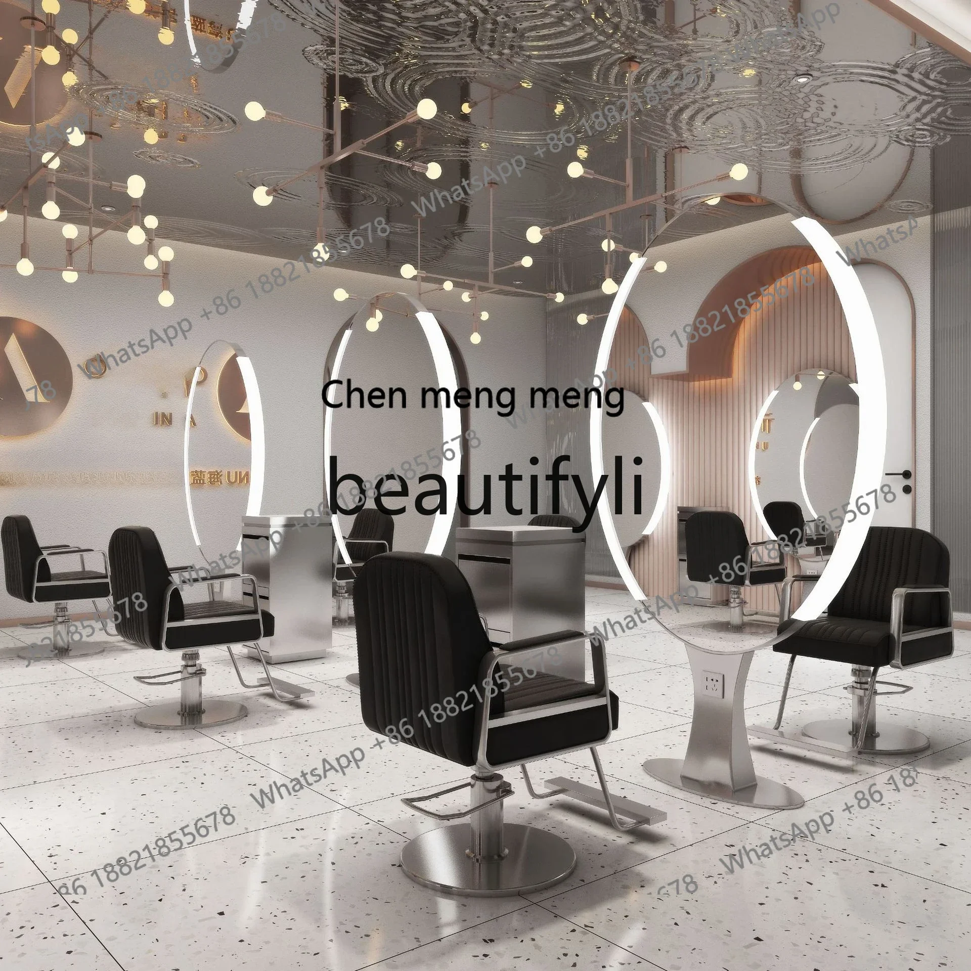 

Hairdressing mirror table with light HD stainless steel haircut single double-sided mirror floor gold