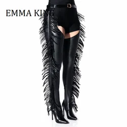 Women Black Fringe Chap Boots Sexy Pointy Toe Stiletto Heels Over The Knee Boots Western Waist Strap Cowboy Botas De Mujer 44