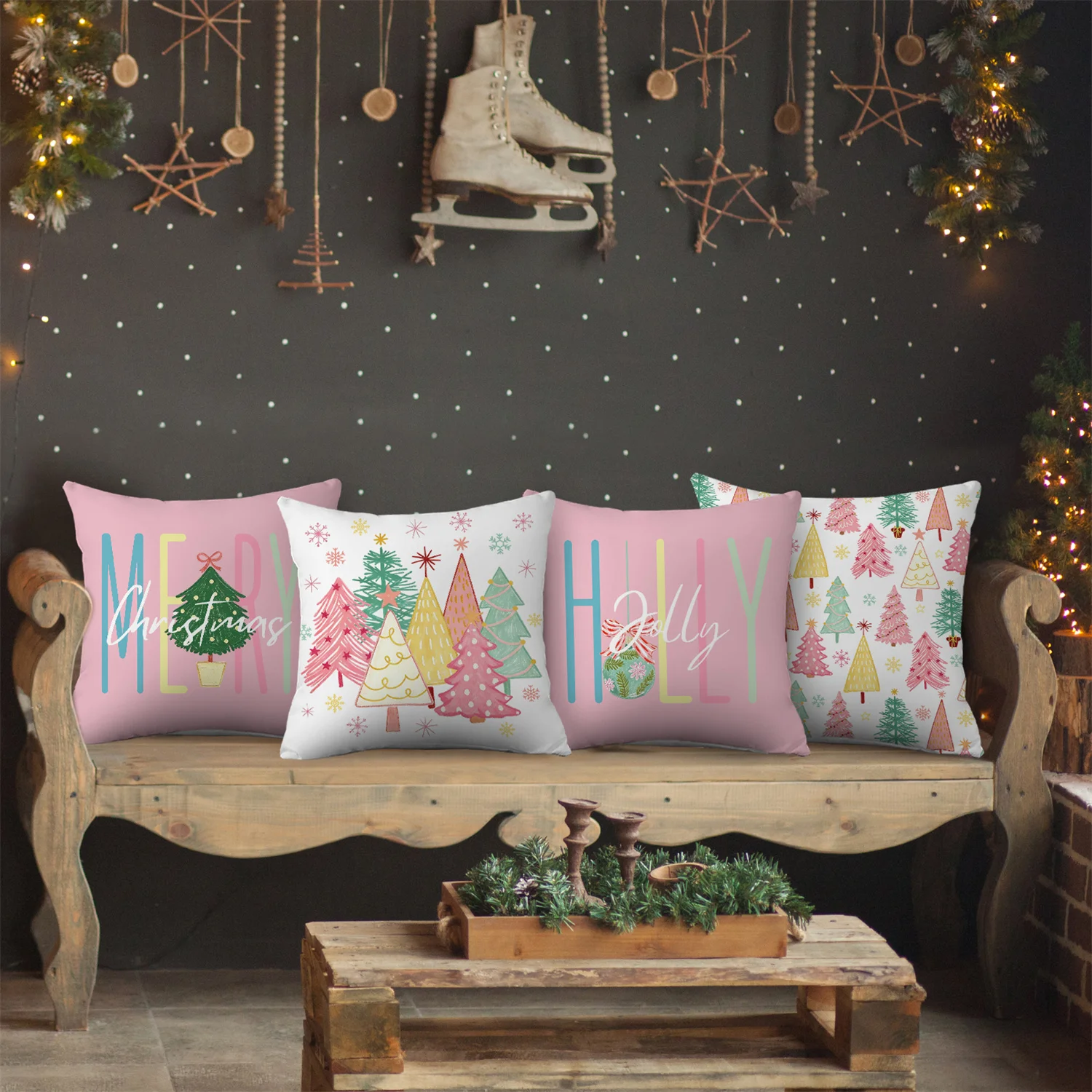 4pcs Christmas Throw Pillow Covers with Colorful Christmas Trees Snowflakes Holly Merry Christmas Patterns, Create Cozy Xmas