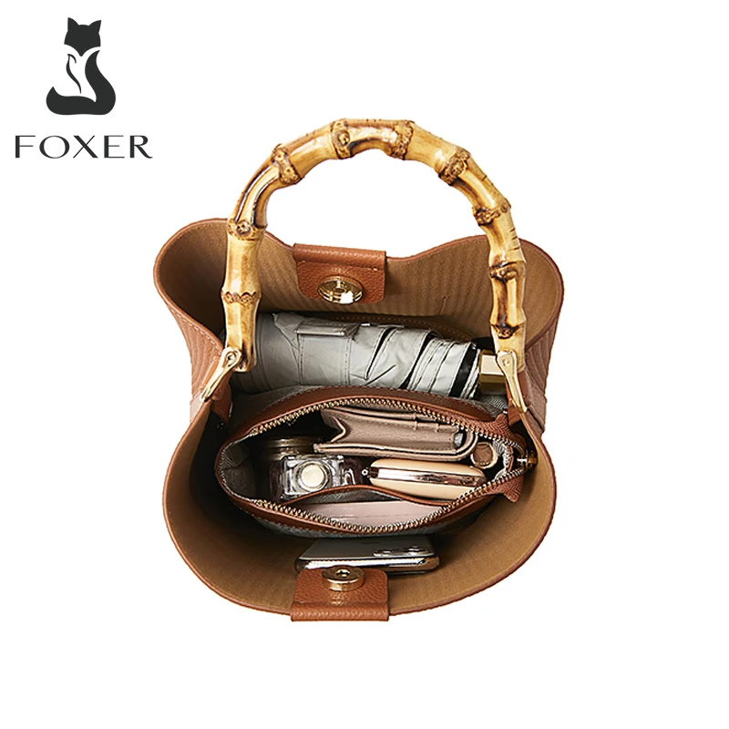 FOXER Female Genuine Leather Bucket Handbag Lady Simple Composite Shoulder Crossbody Bag Women High Quality Cowhide Commute Tote