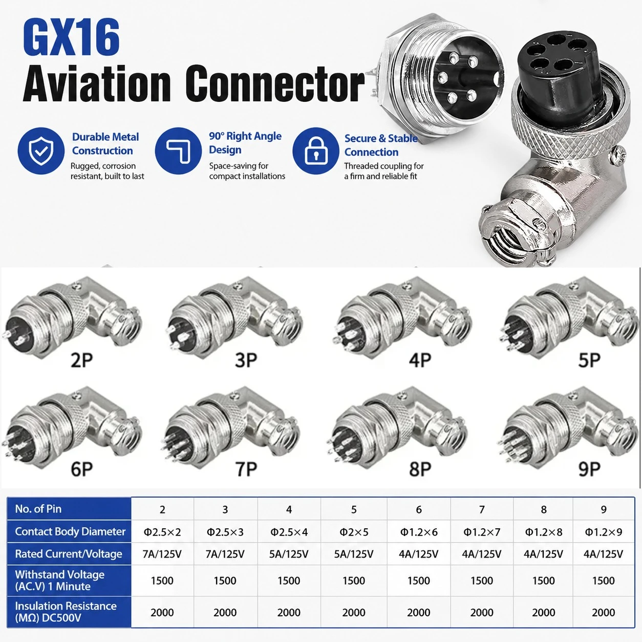 5/10 Sets GX16 2/3/4/5/6/7/8/9 Pin Aviation Connector Male Female 90 Degree Right Angle M16 Circular Cable Plug Socket