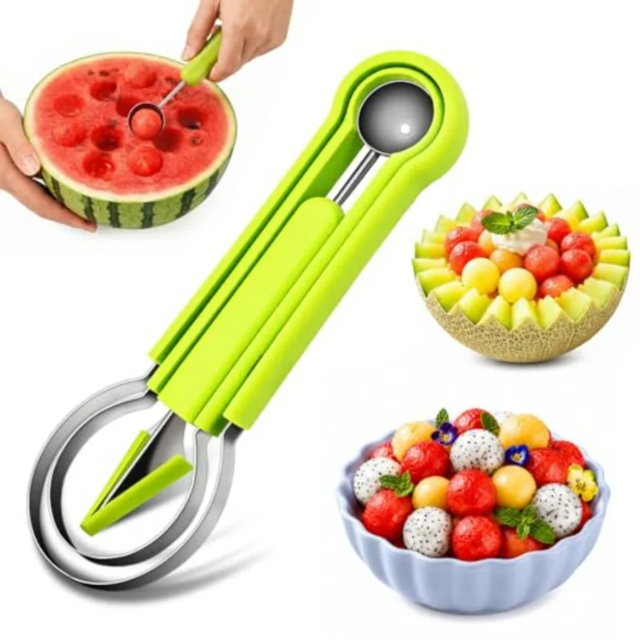 4 in 1 Melon Baller Scoop Set, Green Stainless Steel, Fruit Cutters Shapes, Watermelon Scooper and Baller, Fruit Carving Tools