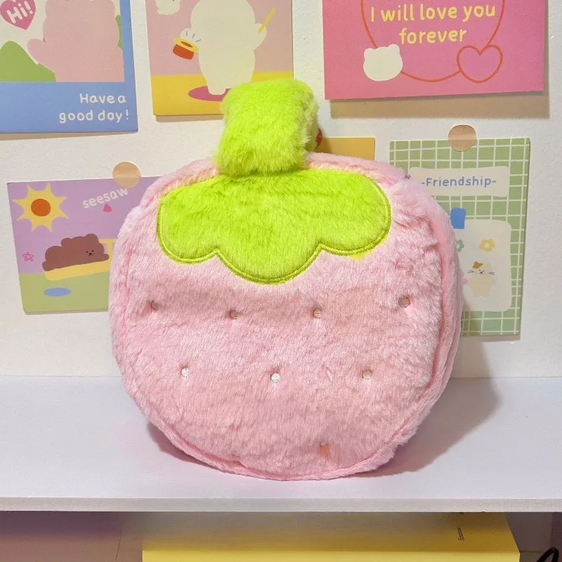 Girl Tote Round Shape Cosmetics Toiletry Bags Sweet Cute Strawberry Makeup Bag Women Pink Color Plush Large Capacity Handbag