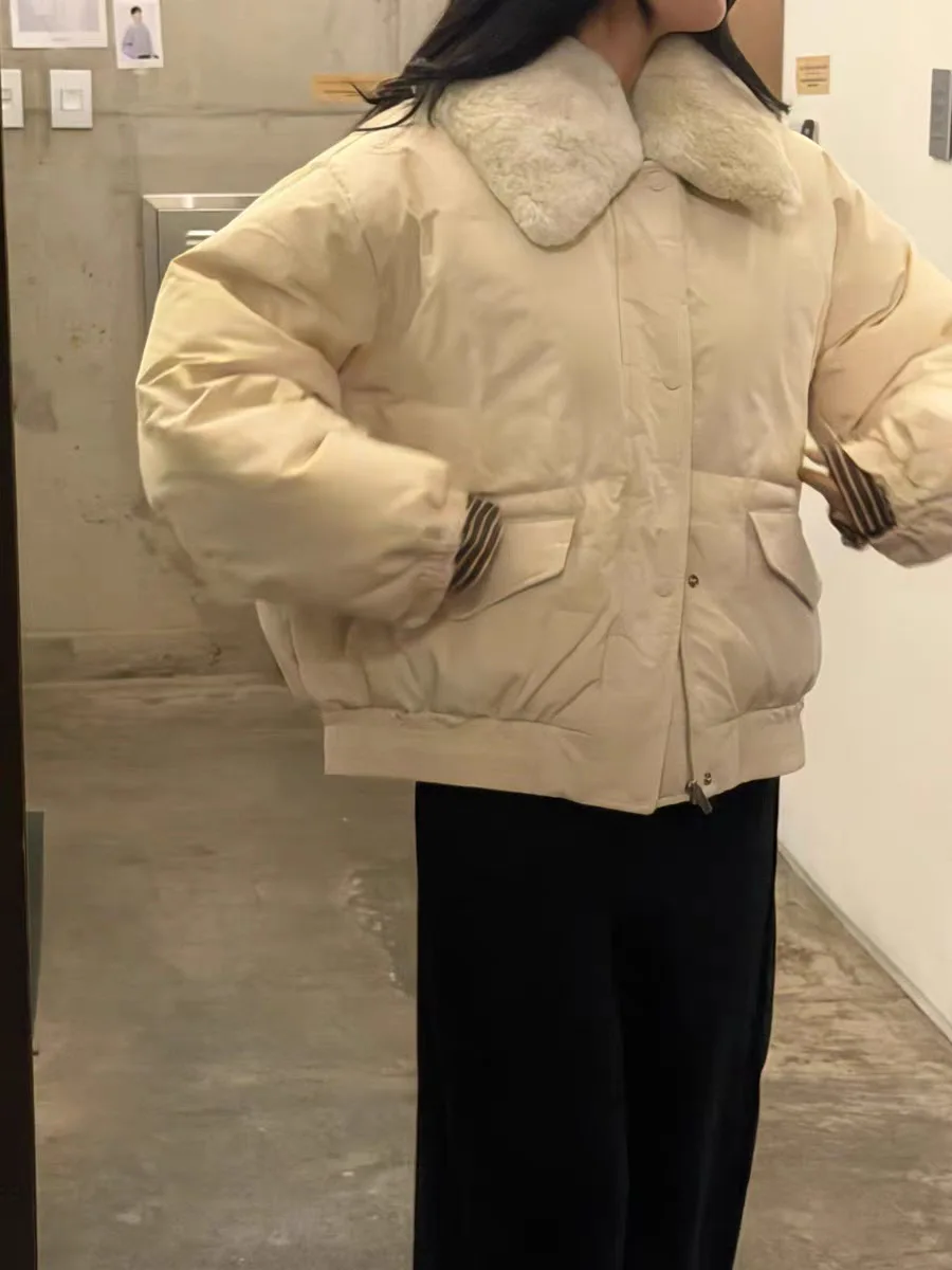 

Loose Women's down Jacket White Duck Feather Quilted Zipper Handbag Fashion Korean Style Winter Coat Fur Collar Warmth