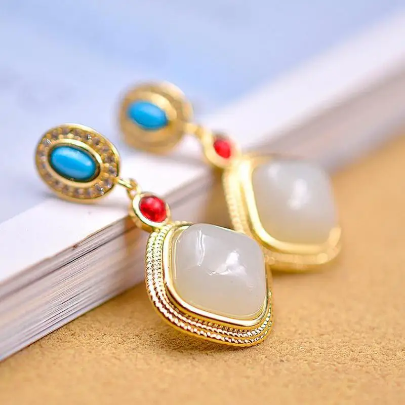 

Natural Nephrite White Jade Earring Women Fine Jewelry Genuine Chinese Hetian Jade Turquoise Square Pendant Earrings Ladies Gift
