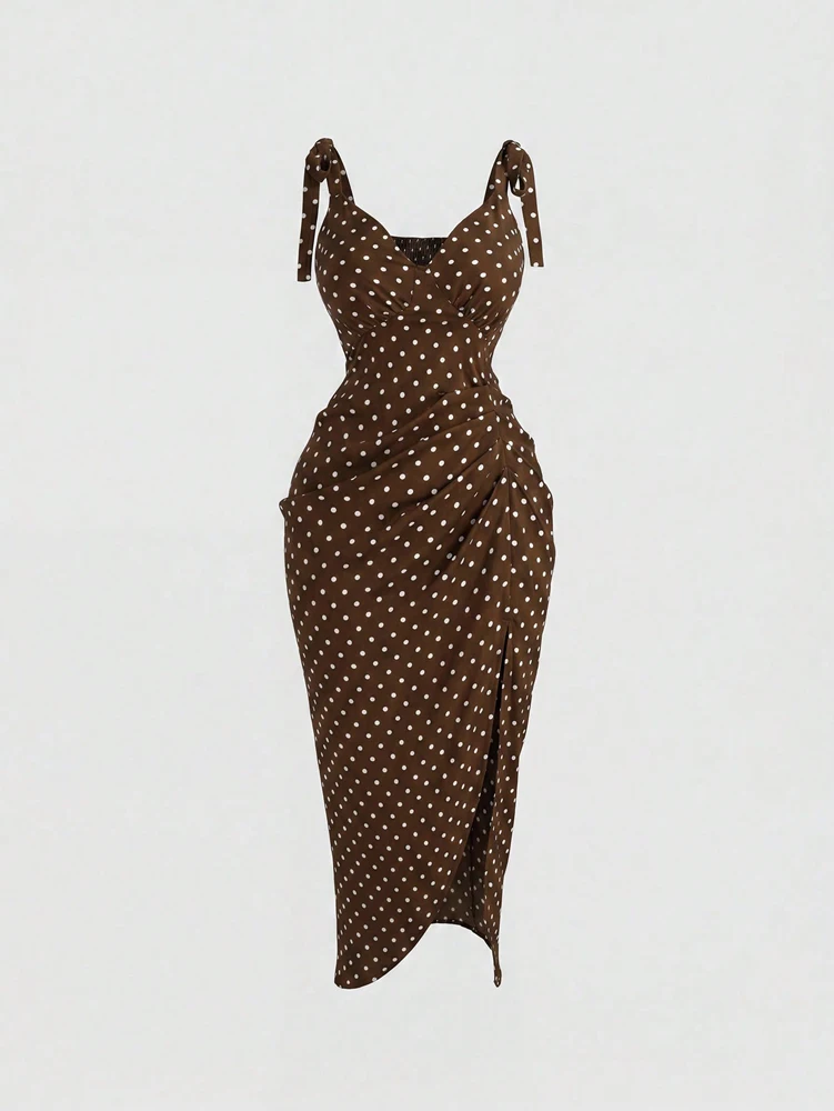 Sexy, sinnliches, tailliertes, kurvig geschnittenes, trägerloses Maxikleid für große Größen, lässig, gepunktet, V-Ausschnitt, Strandkleid – Detail 4