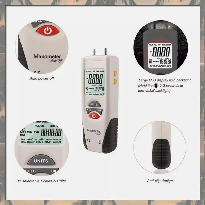 

A70U New HT-1890 Manometer Digital Gas Pressure Gauge Dual Port Air Pressure Meter With Data Hold For HVAC Testing