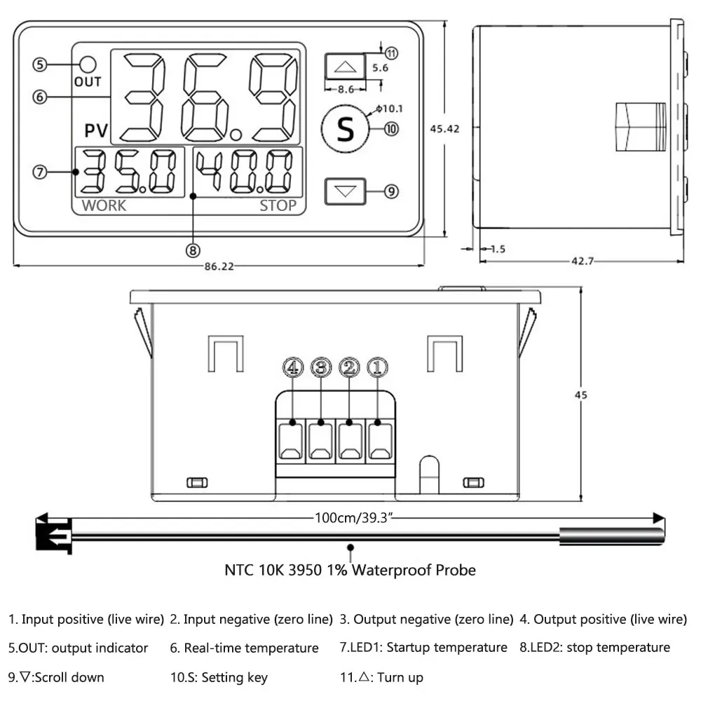TS4586 DC12V DC24V AC110-220V Temperature Time Control Relay Active Output LED Display Thermostat NTC10K3950 1% Waterproof Probe