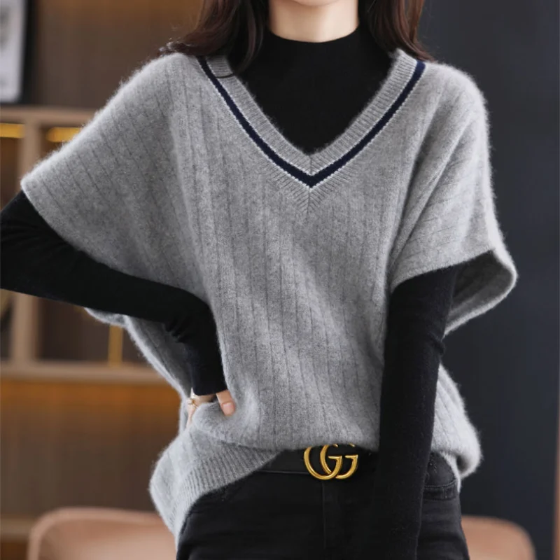 Korean Fashion Casual Temperament V-neck Vest Women Color Blocking Spring New Bat Sleeves Loose Versatile Wool Knit Shoulder Top