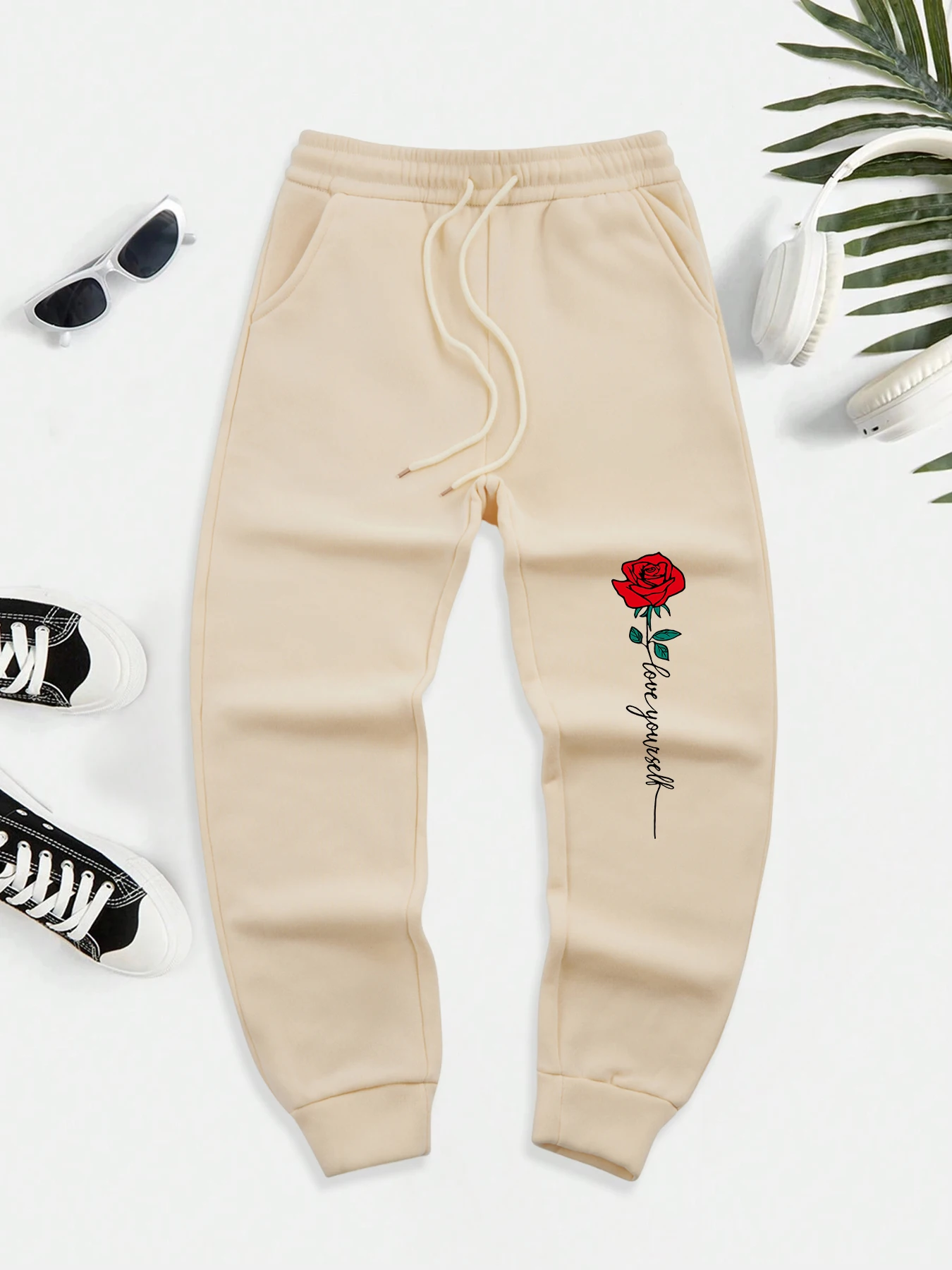 Love Yourself – pantalon de base décontracté pour hommes, imprimé Rose, polyvalent, avec poches, chaud, à la mode, avec cordon de serrage, de rue, automne
