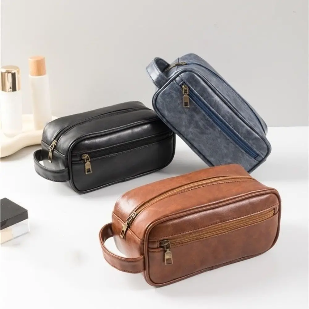 

Simple Large Capacity Men Cosmetic Bag Waterproof Zipper PU Wash Bag Handheld Make Up Pouch Bag Toiletry Storage Bag Travel