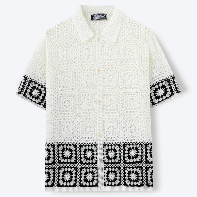 Retro Men's Summer Crochet Short Sleeve Shirts Fashion Hollow Out Knitted Polo Shirts High Quality Jacquard Cardigan Tops SY0069