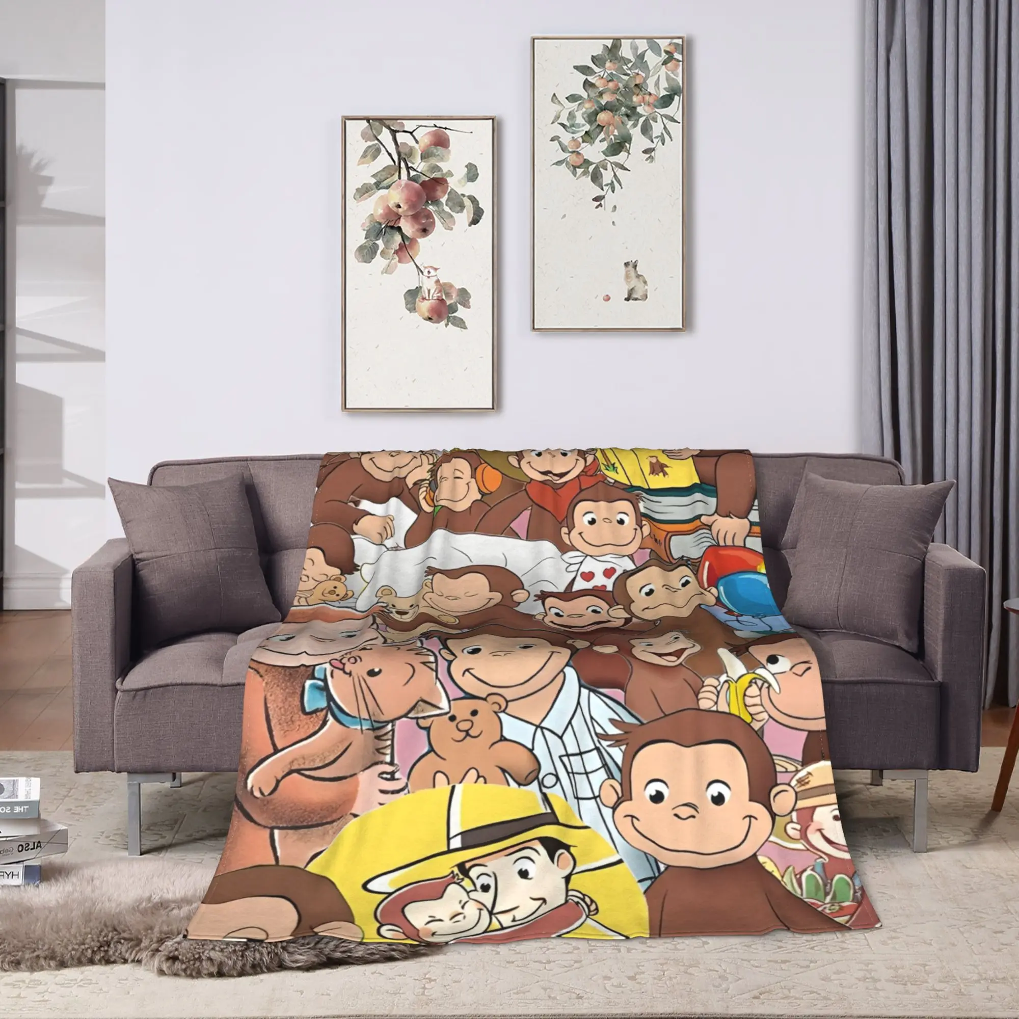 Cartoon Curious George Flannel Blanket  Soft Warm Throw Blanket for Couch Chair Decorative Funny Bedspread Sofa Bed Cover