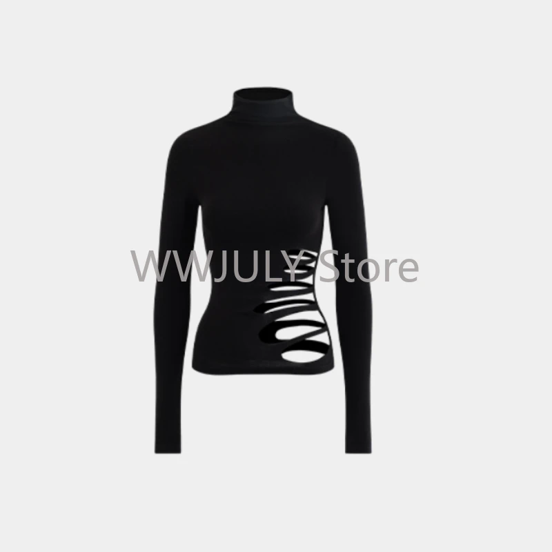 Aesthetics Long Sleeve Black Turtleneck T-shirt Women Autumn Y2k E-grils Slim Fit Tees Sexy Fashion Hollow Out Tops Design