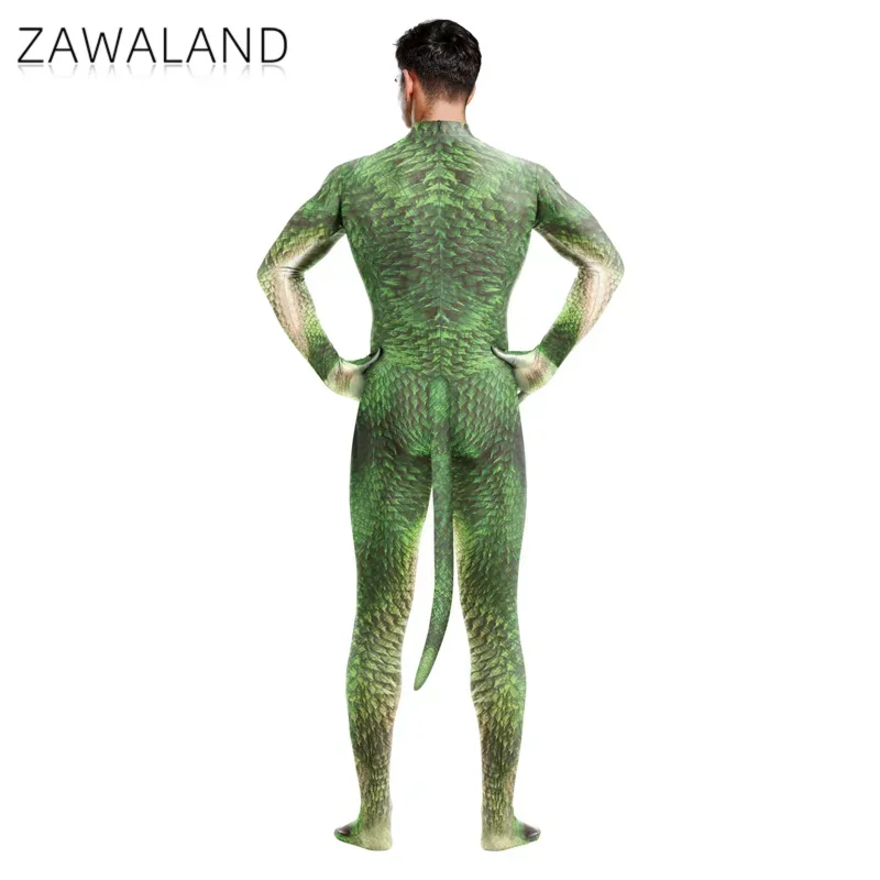 Halloween Bodysuits Male Adult Costume With Tail Full Cover Elastic Zentai Suit Cosplay Animal Dragon Print Catsuit