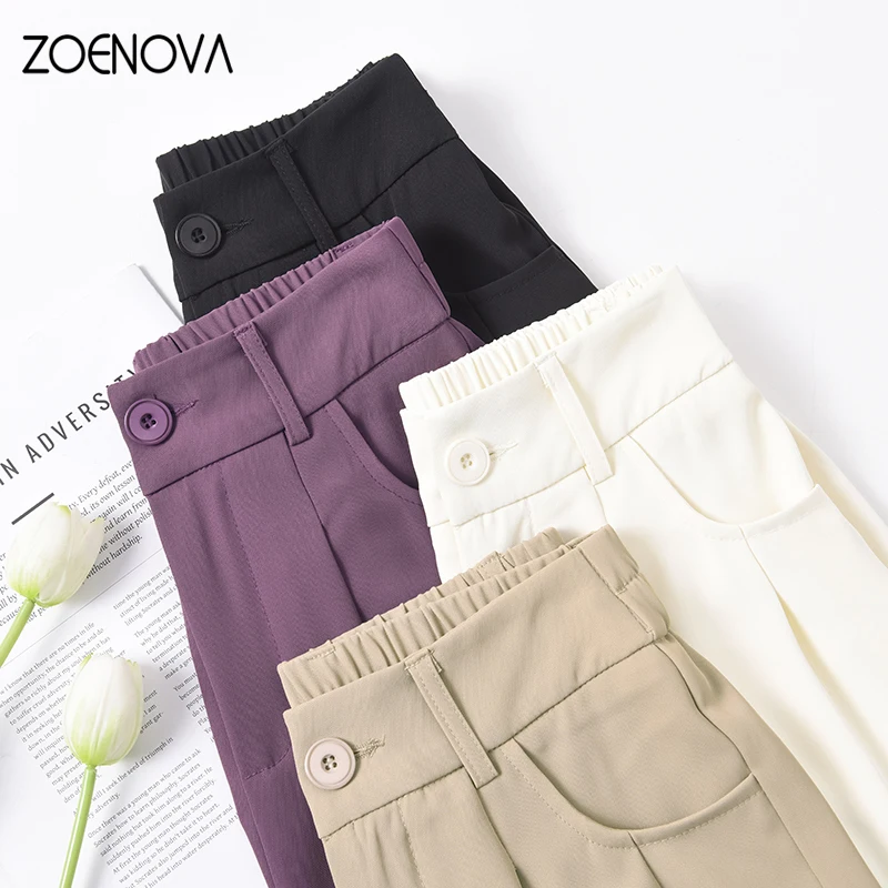 ZOENOVA Summer Fashion Women\'s Thin Business Casual Ice Silk Pants Office Ladies High Waist Slim Wide Leg Straight Suit Trousers